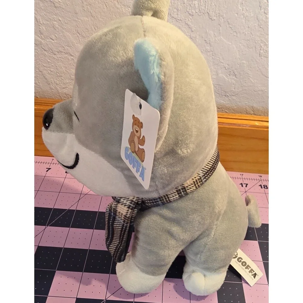 Goffa Gray Husky Wolf Plush Stuffed Animal Blue Ears Plaid Scarf NWT 8